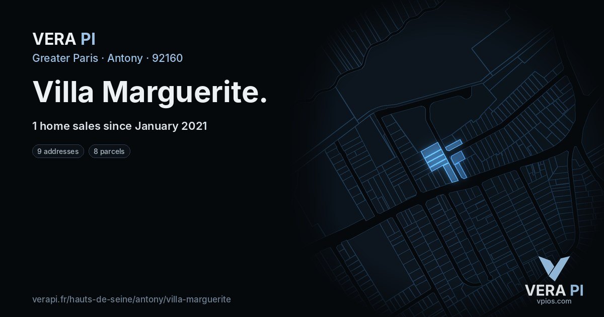 Villa Marguerite, Antony at night – every parcel coloured by the prices around it, the street's own parcels lit