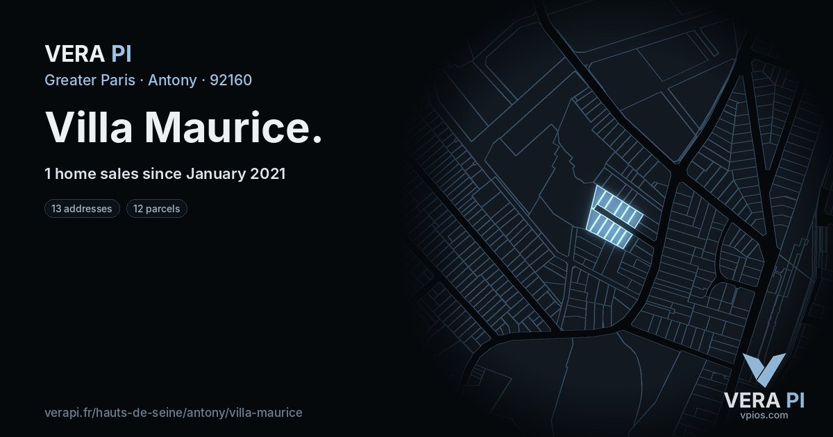 Villa Maurice, Antony at night – every parcel coloured by the prices around it, the street's own parcels lit