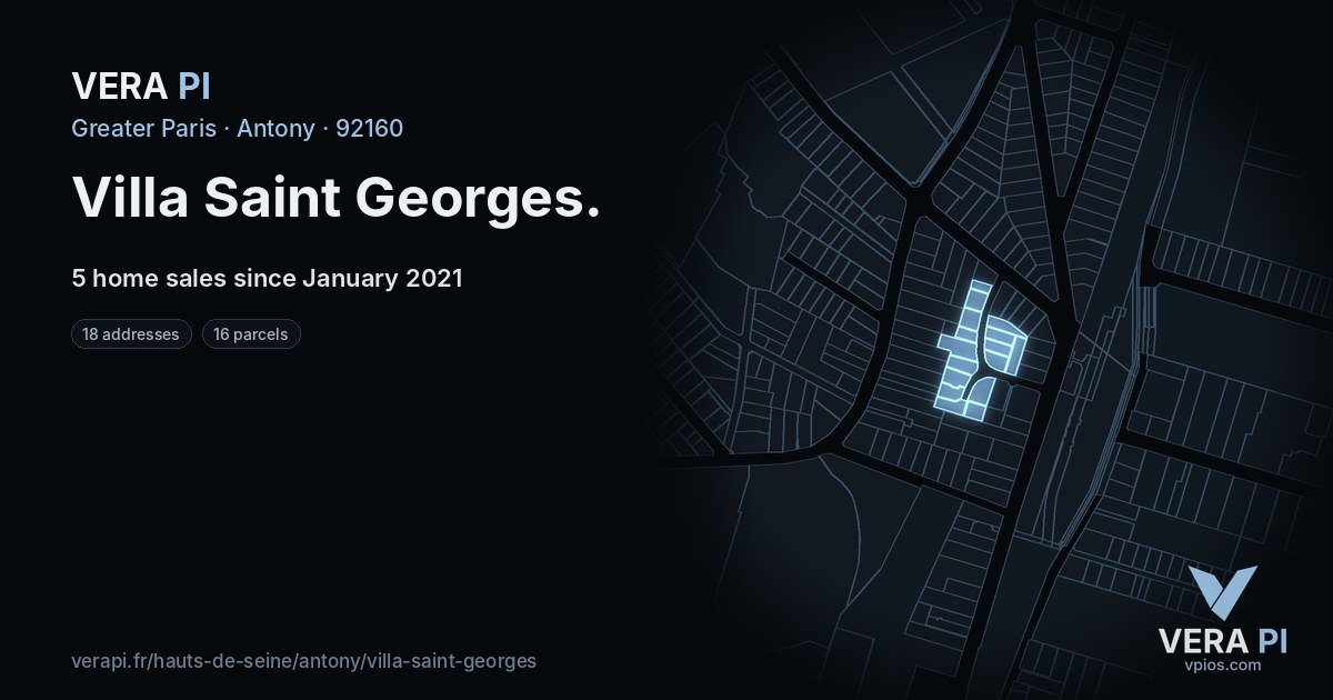 Villa Saint Georges, Antony at night – every parcel coloured by the prices around it, the street's own parcels lit