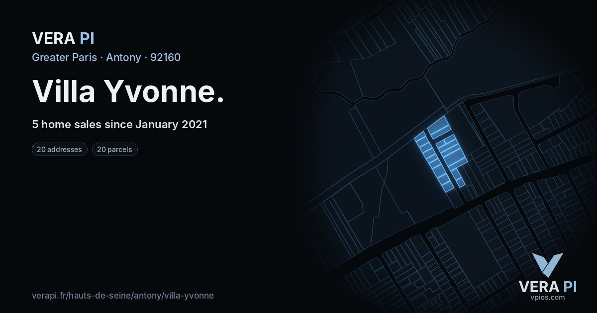 Villa Yvonne, Antony at night – every parcel coloured by the prices around it, the street's own parcels lit