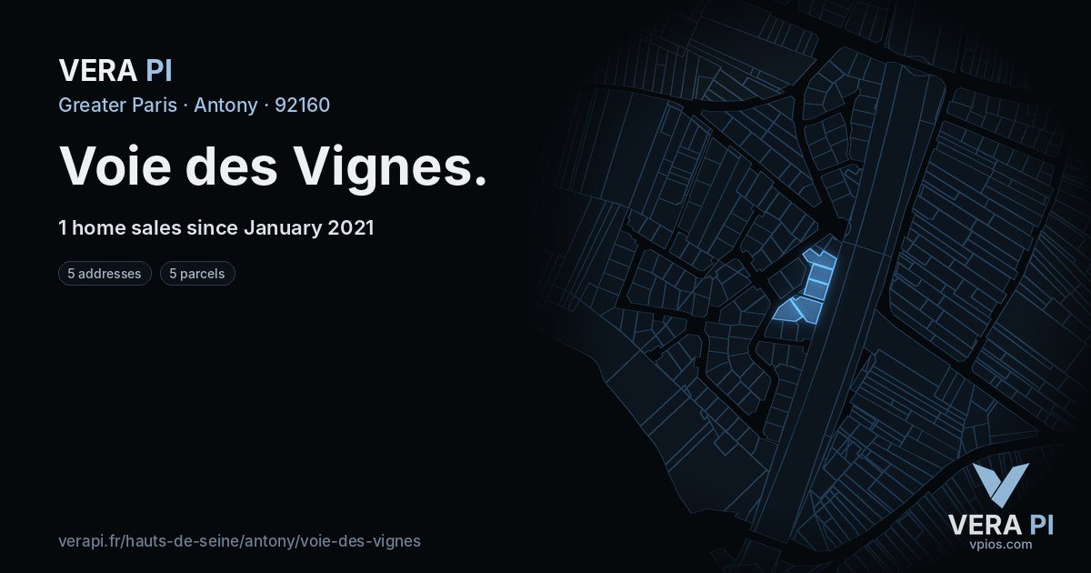 Voie des Vignes, Antony at night – every parcel coloured by the prices around it, the street's own parcels lit