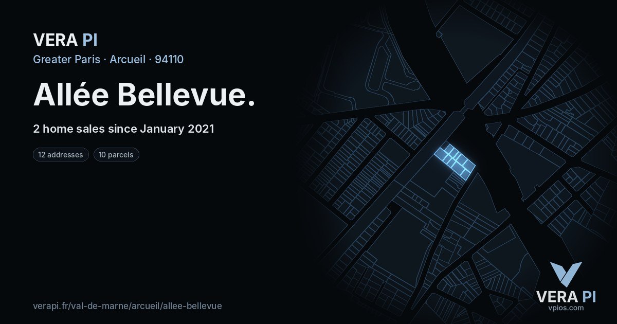 Allée Bellevue, Arcueil at night – every parcel coloured by the prices around it, the street's own parcels lit