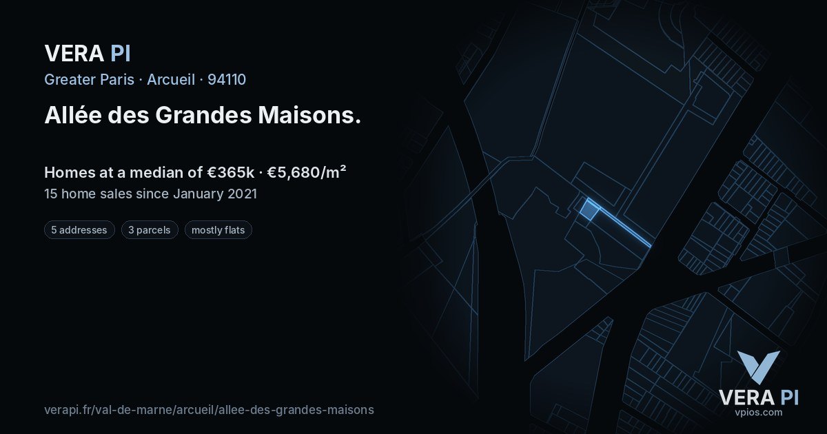 Allée des Grandes Maisons, Arcueil at night – every parcel coloured by the prices around it, the street's own parcels lit