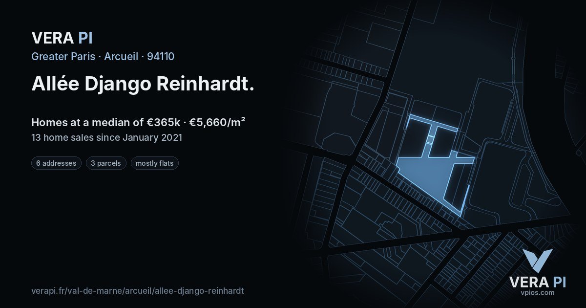 Allée Django Reinhardt, Arcueil at night – every parcel coloured by the prices around it, the street's own parcels lit