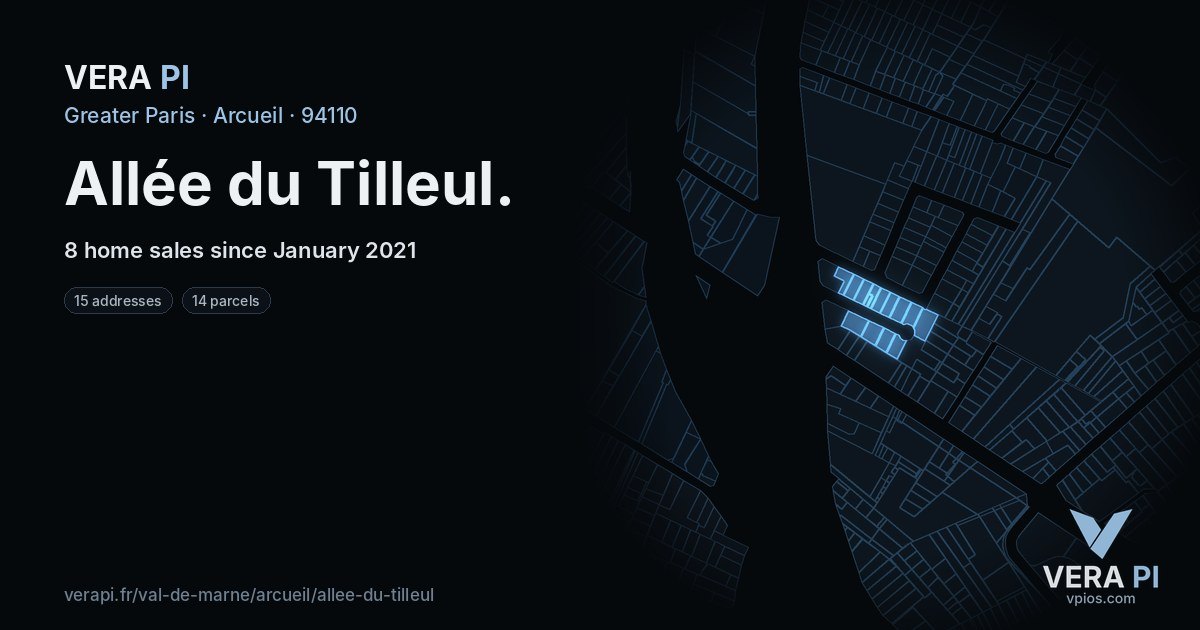 Allée du Tilleul, Arcueil at night – every parcel coloured by the prices around it, the street's own parcels lit