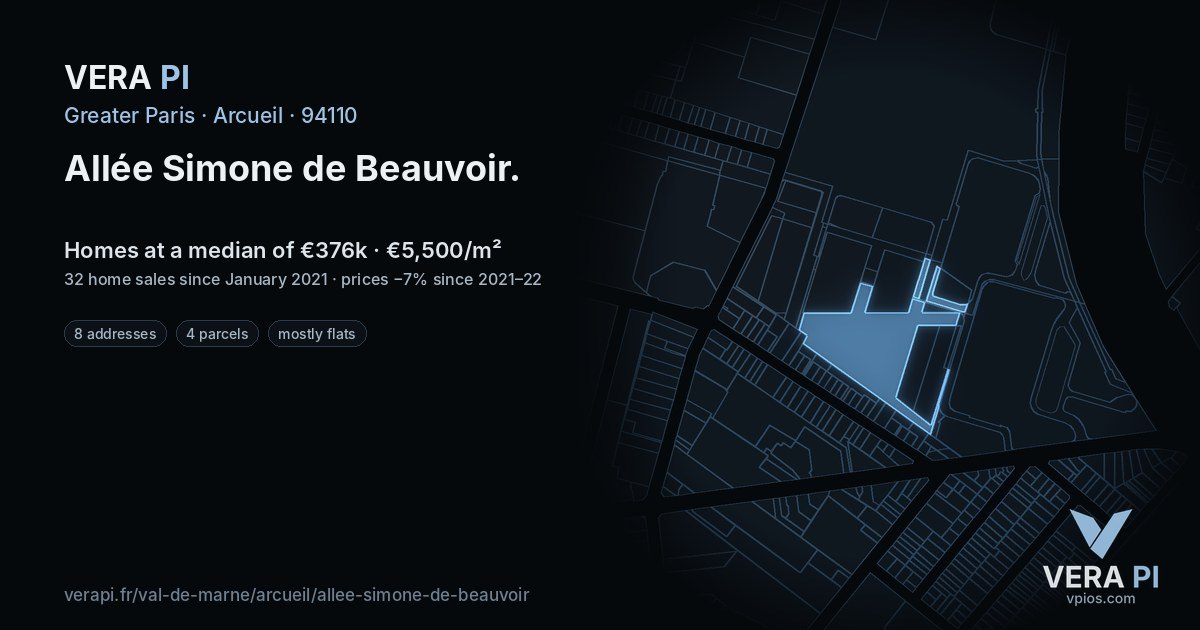 Allée Simone de Beauvoir, Arcueil at night – every parcel coloured by the prices around it, the street's own parcels lit