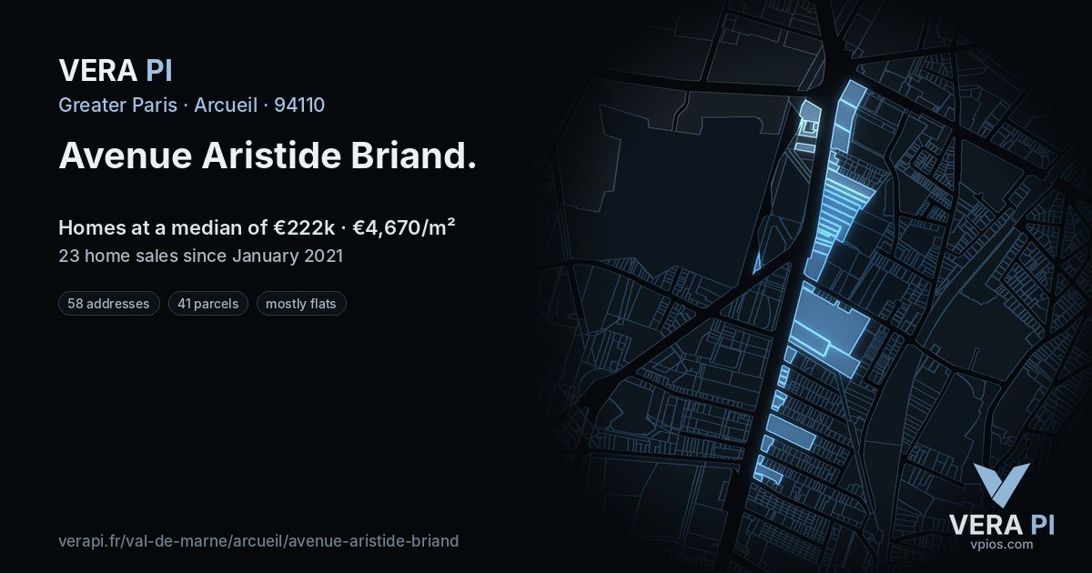 Avenue Aristide Briand, Arcueil at night – every parcel coloured by the prices around it, the street's own parcels lit