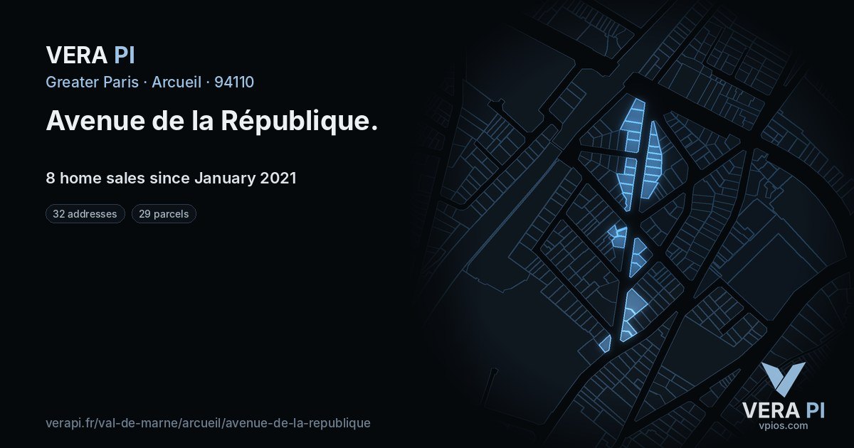 Avenue de la République, Arcueil at night – every parcel coloured by the prices around it, the street's own parcels lit