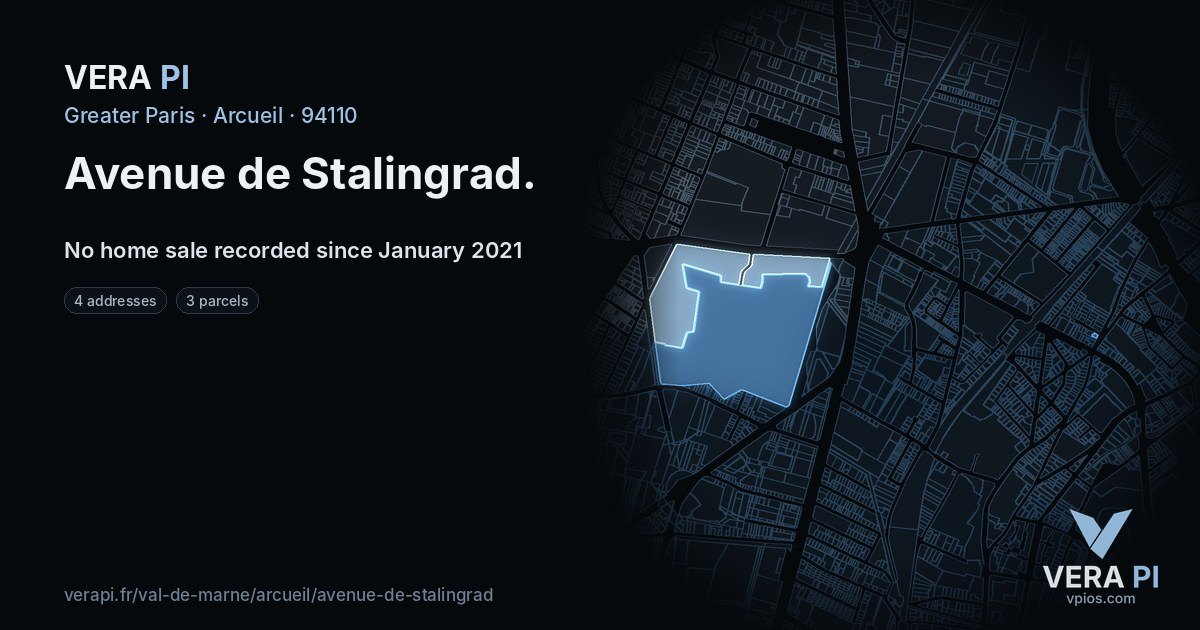 Avenue de Stalingrad, Arcueil at night – every parcel coloured by the prices around it, the street's own parcels lit