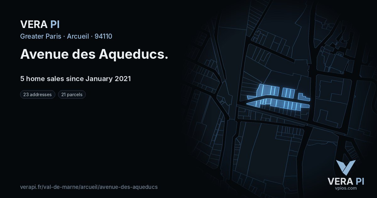 Avenue des Aqueducs, Arcueil at night – every parcel coloured by the prices around it, the street's own parcels lit