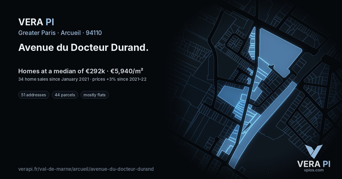 Avenue du Docteur Durand, Arcueil at night – every parcel coloured by the prices around it, the street's own parcels lit