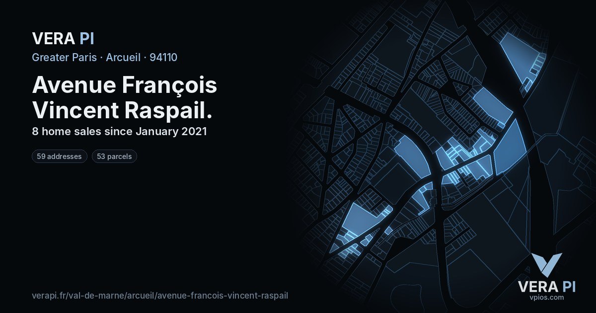 Avenue François Vincent Raspail, Arcueil at night – every parcel coloured by the prices around it, the street's own parcels lit