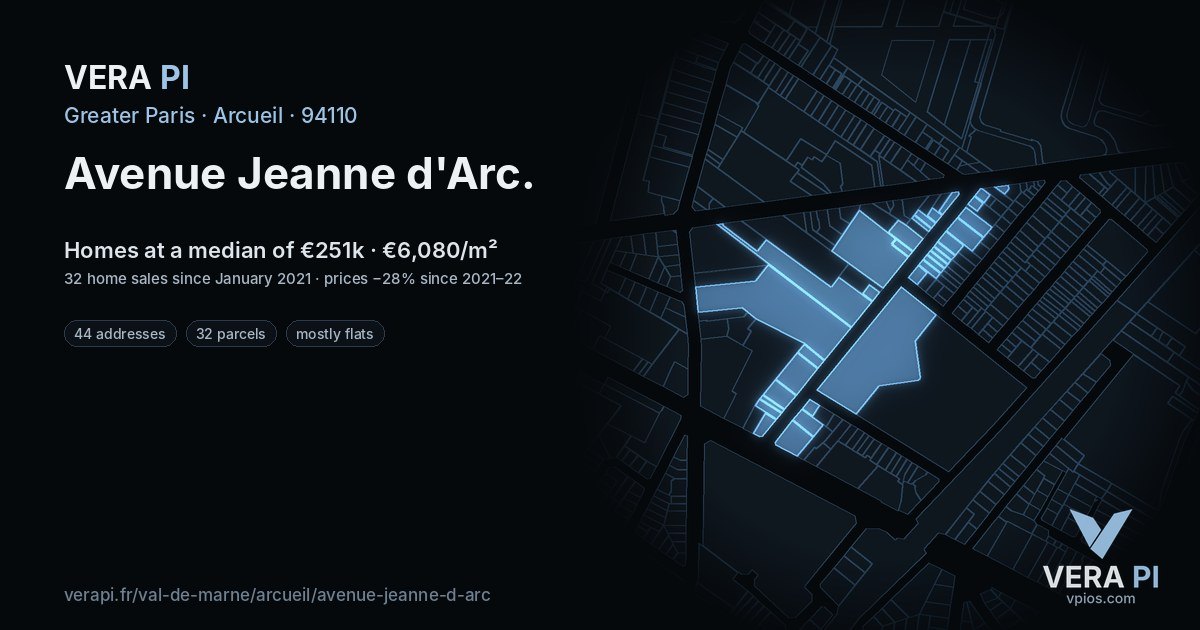 Avenue Jeanne d'Arc, Arcueil at night – every parcel coloured by the prices around it, the street's own parcels lit