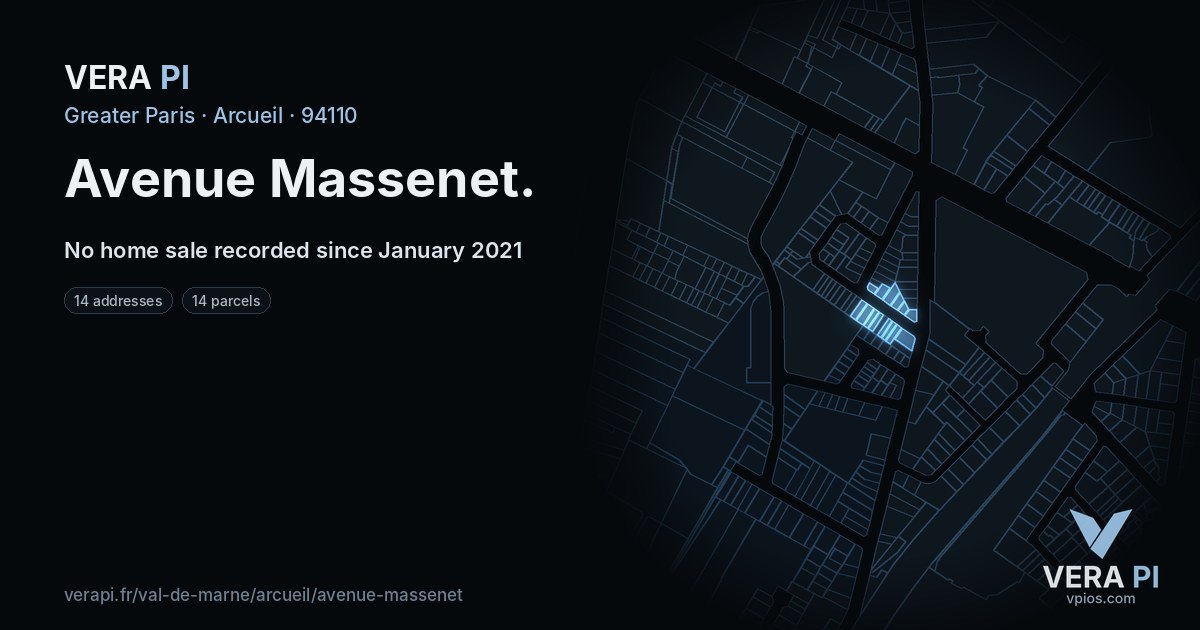Avenue Massenet, Arcueil at night – every parcel coloured by the prices around it, the street's own parcels lit
