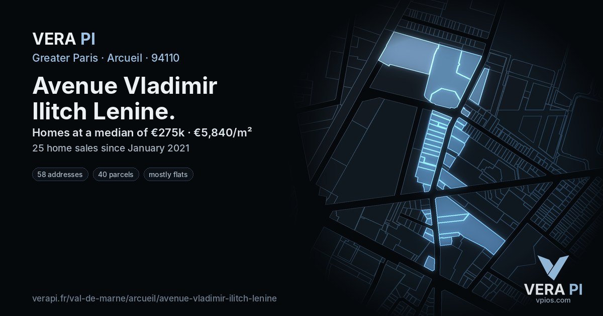 Avenue Vladimir Ilitch Lenine, Arcueil at night – every parcel coloured by the prices around it, the street's own parcels lit