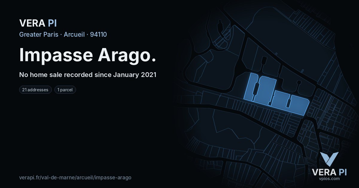 Impasse Arago, Arcueil at night – every parcel coloured by the prices around it, the street's own parcels lit