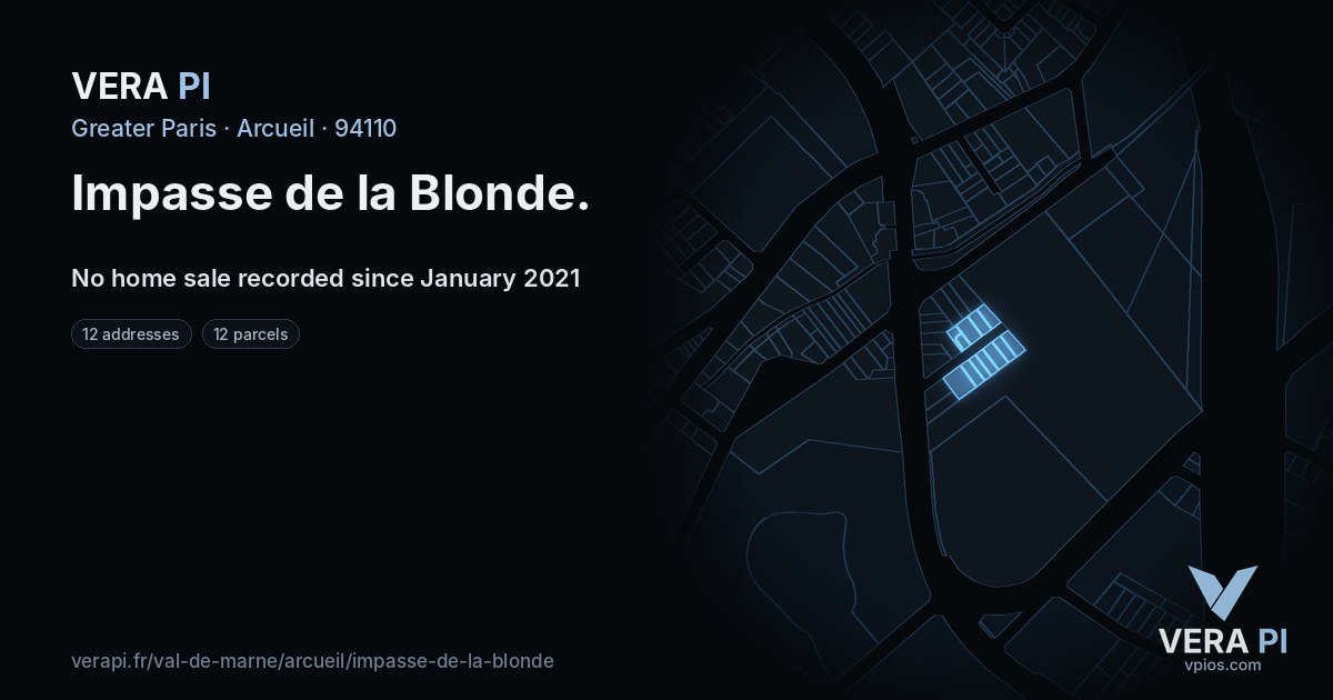 Impasse de la Blonde, Arcueil at night – every parcel coloured by the prices around it, the street's own parcels lit