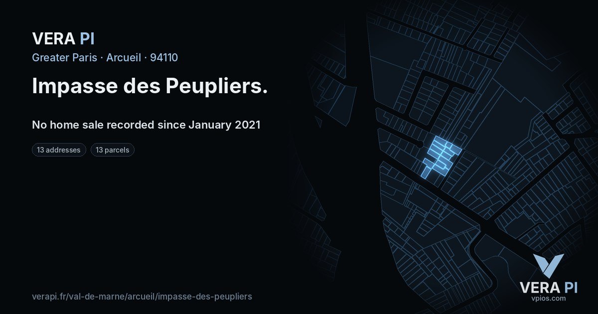 Impasse des Peupliers, Arcueil at night – every parcel coloured by the prices around it, the street's own parcels lit