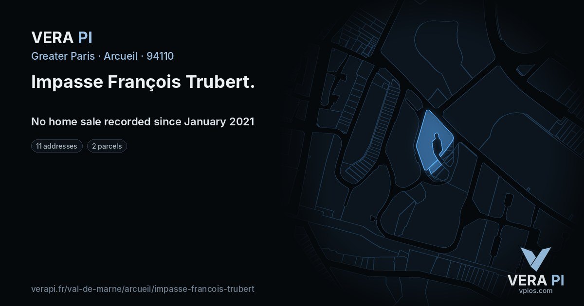 Impasse François Trubert, Arcueil at night – every parcel coloured by the prices around it, the street's own parcels lit
