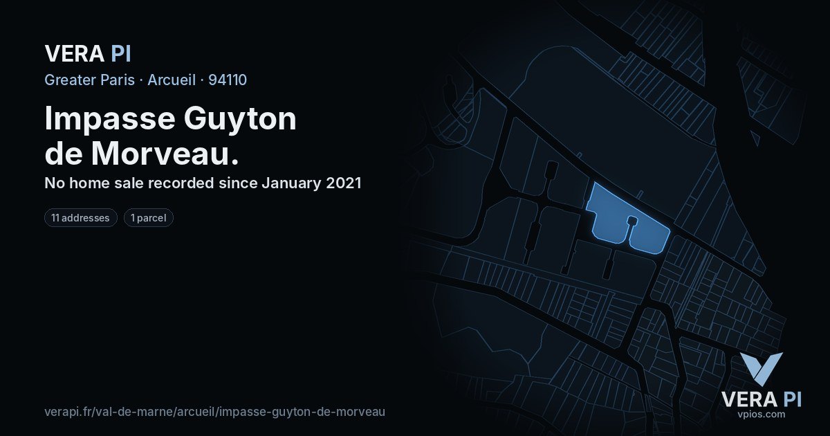 Impasse Guyton de Morveau, Arcueil at night – every parcel coloured by the prices around it, the street's own parcels lit