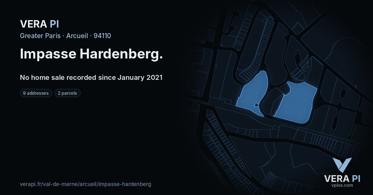Impasse Hardenberg, Arcueil at night – every parcel coloured by the prices around it, the street's own parcels lit