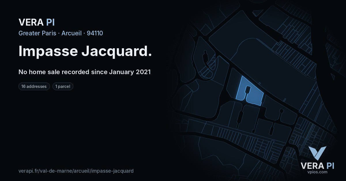 Impasse Jacquard, Arcueil at night – every parcel coloured by the prices around it, the street's own parcels lit