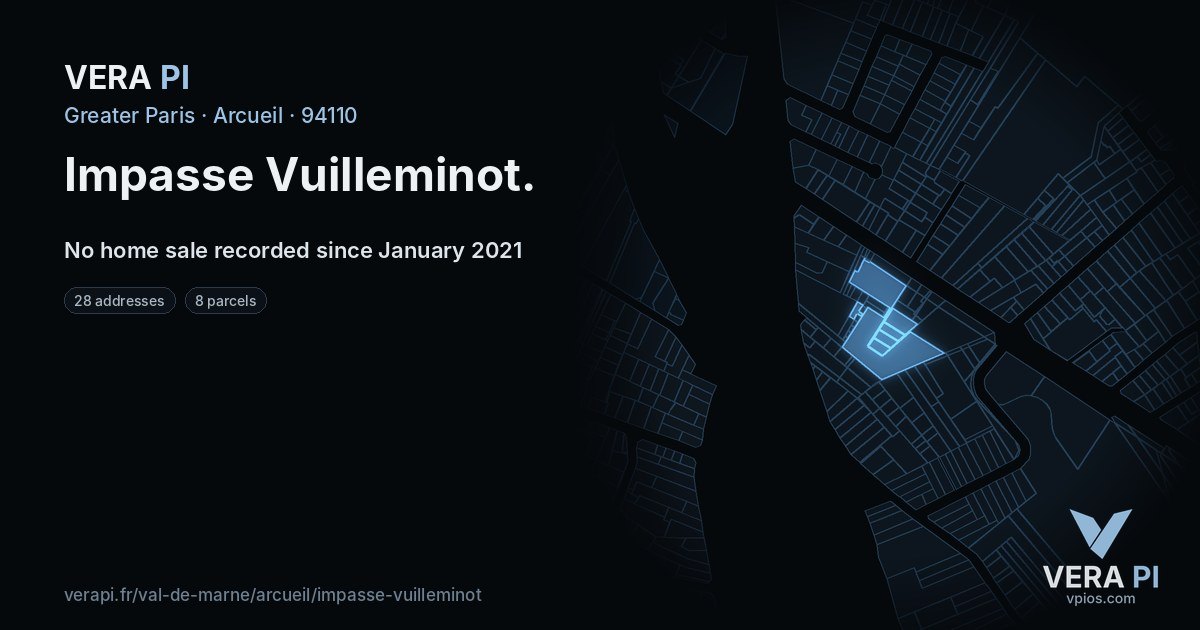Impasse Vuilleminot, Arcueil at night – every parcel coloured by the prices around it, the street's own parcels lit