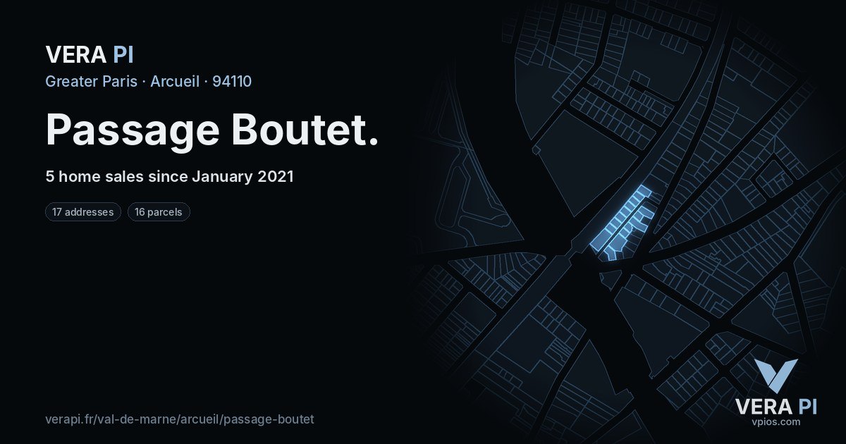 Passage Boutet, Arcueil at night – every parcel coloured by the prices around it, the street's own parcels lit
