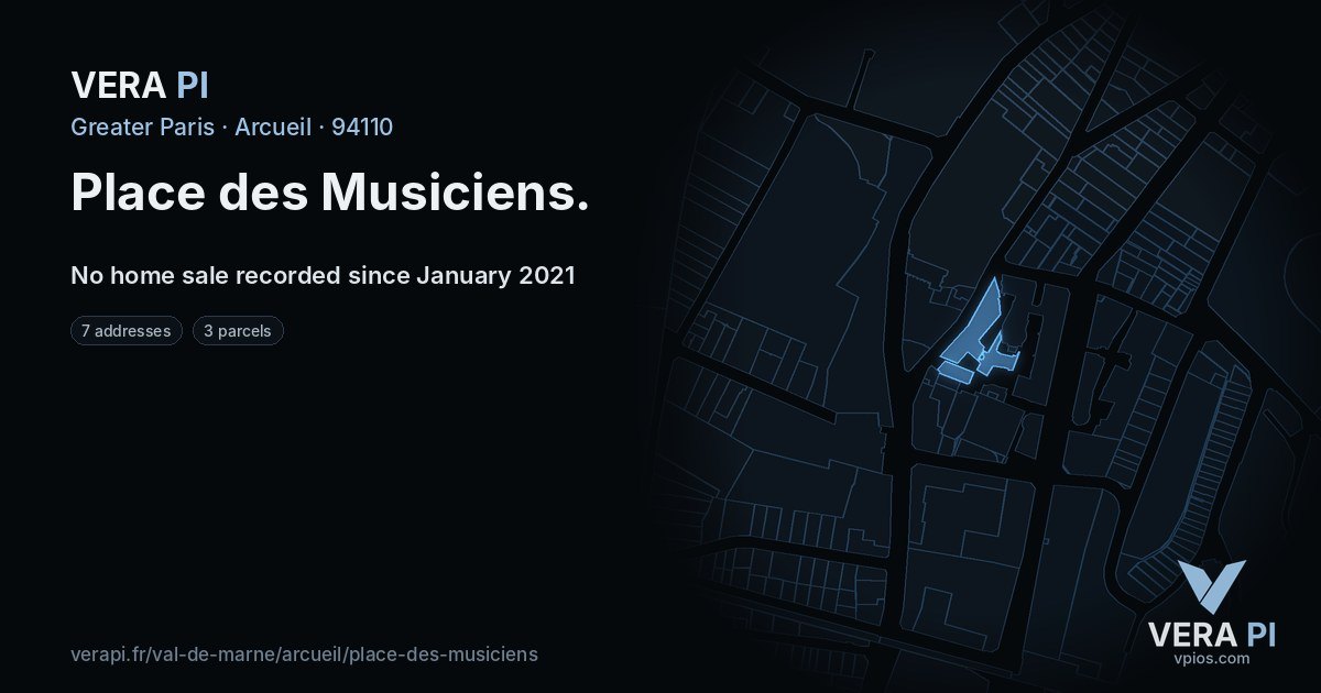 Place des Musiciens, Arcueil at night – every parcel coloured by the prices around it, the street's own parcels lit