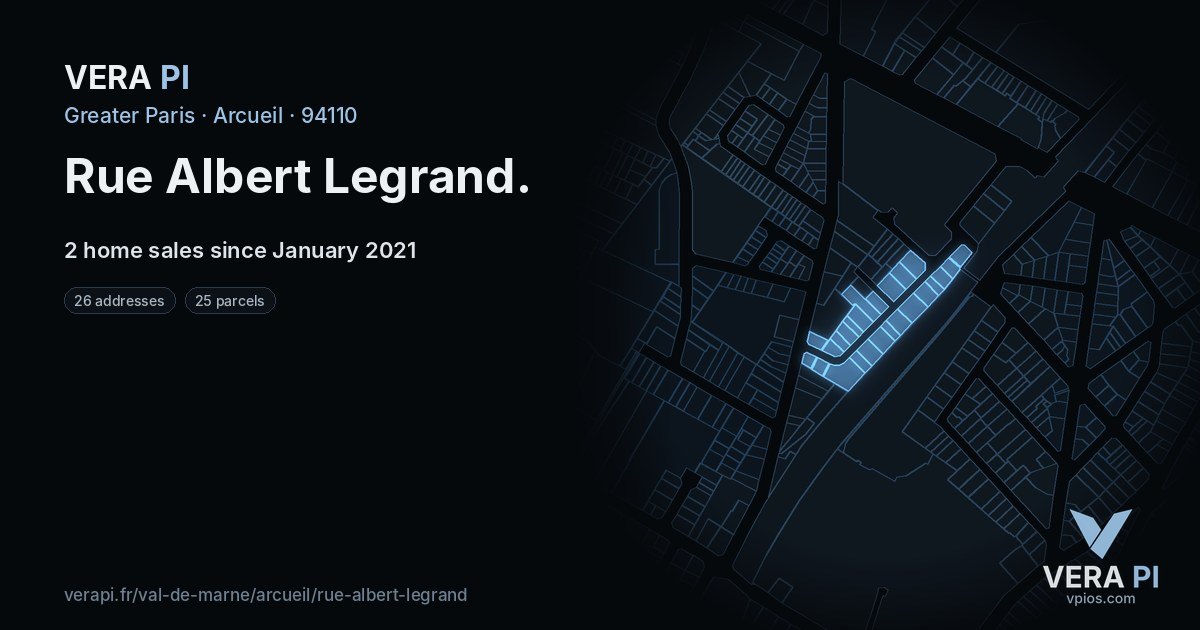 Rue Albert Legrand, Arcueil at night – every parcel coloured by the prices around it, the street's own parcels lit