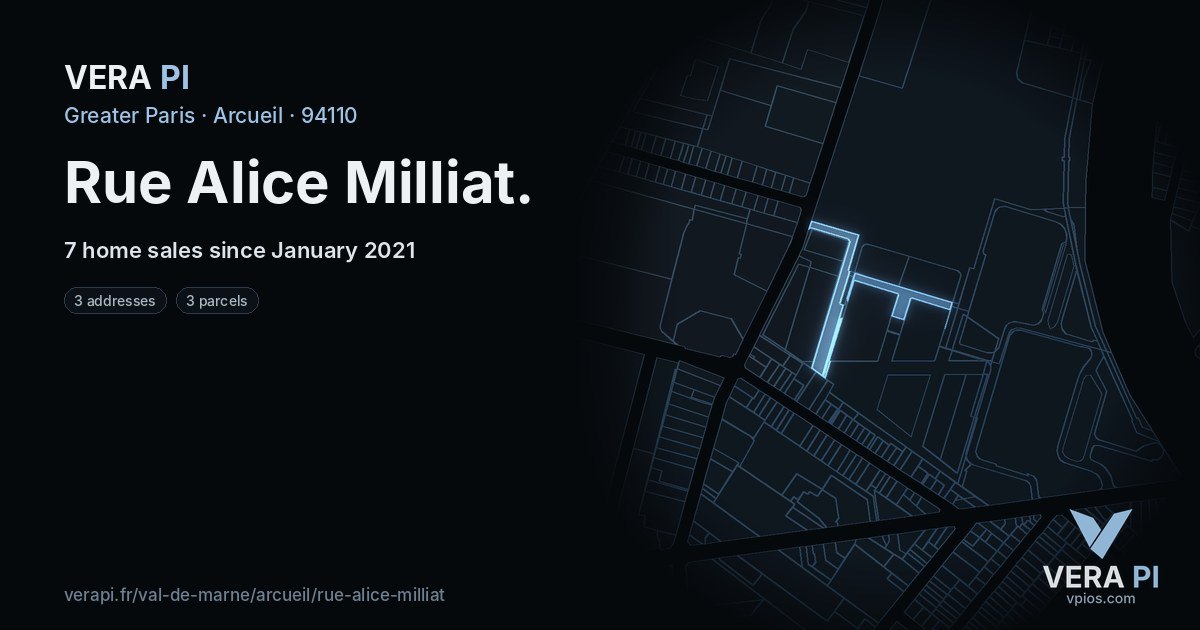 Rue Alice Milliat, Arcueil at night – every parcel coloured by the prices around it, the street's own parcels lit