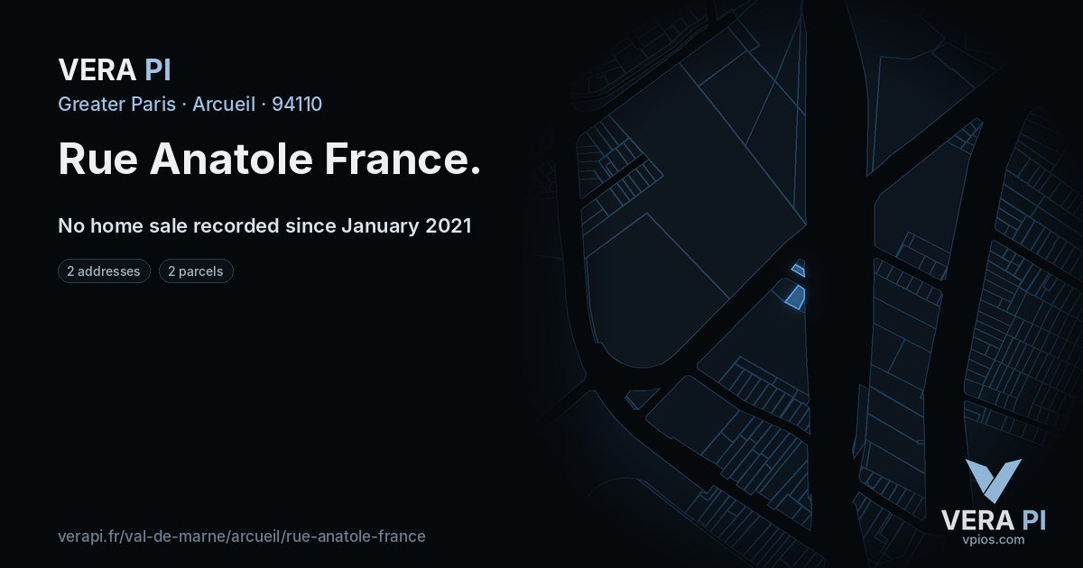 Rue Anatole France, Arcueil at night – every parcel coloured by the prices around it, the street's own parcels lit