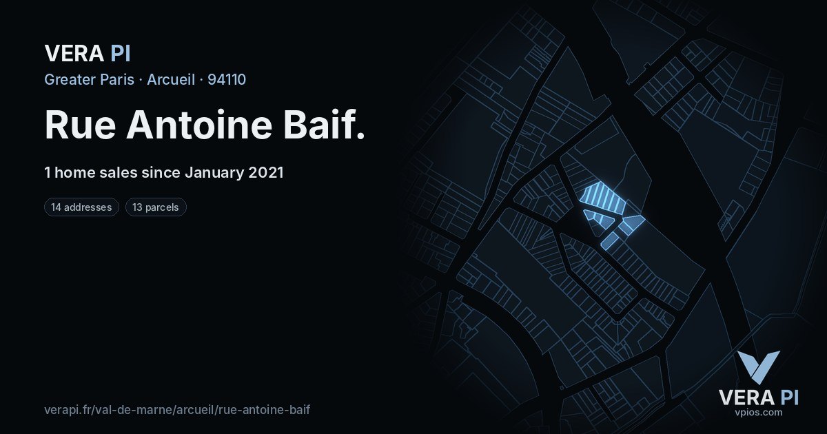 Rue Antoine Baif, Arcueil at night – every parcel coloured by the prices around it, the street's own parcels lit