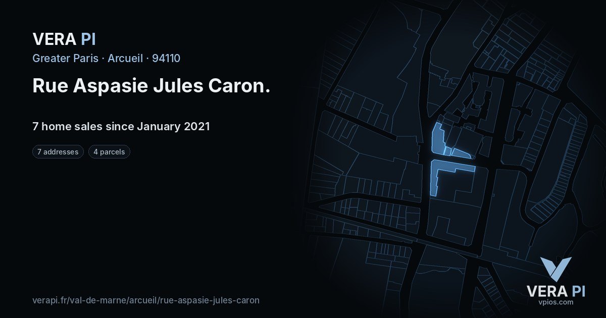 Rue Aspasie Jules Caron, Arcueil at night – every parcel coloured by the prices around it, the street's own parcels lit