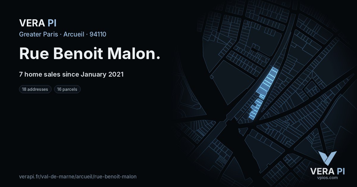 Rue Benoit Malon, Arcueil at night – every parcel coloured by the prices around it, the street's own parcels lit