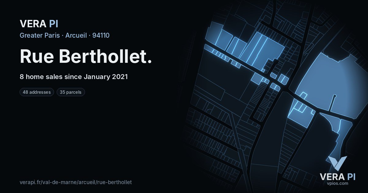 Rue Berthollet, Arcueil at night – every parcel coloured by the prices around it, the street's own parcels lit