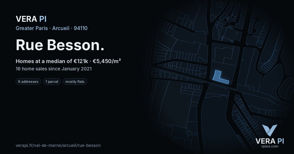 Rue Besson, Arcueil at night – every parcel coloured by the prices around it, the street's own parcels lit