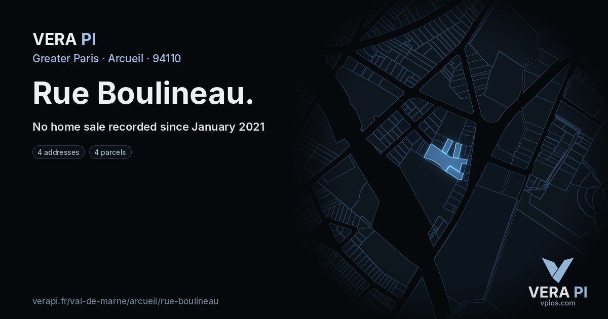 Rue Boulineau, Arcueil at night – every parcel coloured by the prices around it, the street's own parcels lit