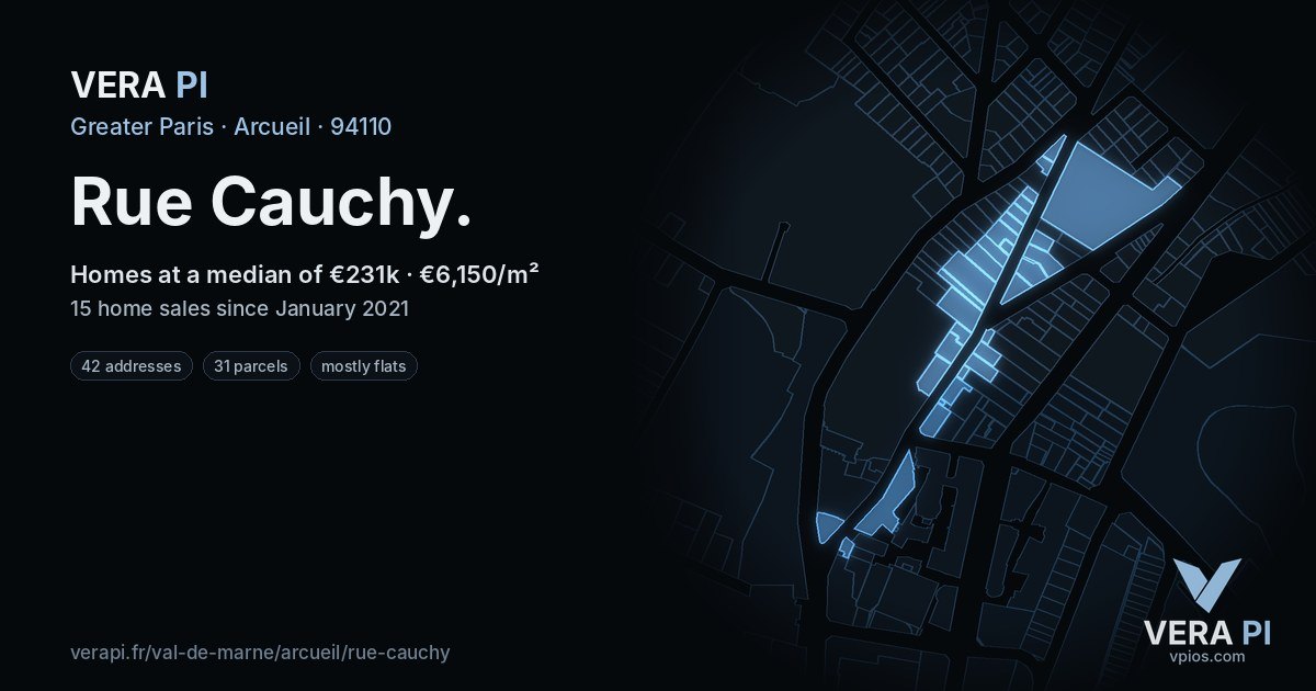 Rue Cauchy, Arcueil at night – every parcel coloured by the prices around it, the street's own parcels lit