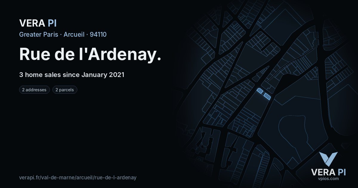 Rue de l'Ardenay, Arcueil at night – every parcel coloured by the prices around it, the street's own parcels lit