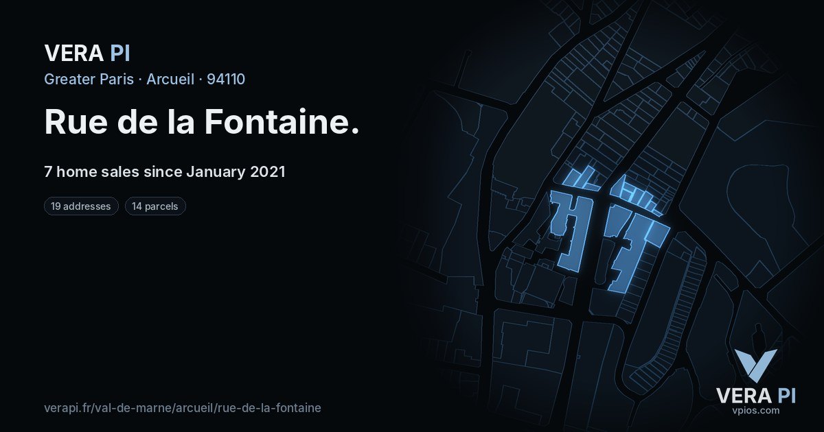 Rue de la Fontaine, Arcueil at night – every parcel coloured by the prices around it, the street's own parcels lit