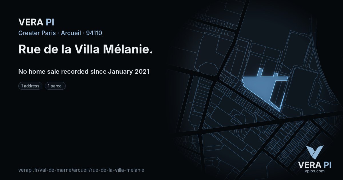 Rue de la Villa Mélanie, Arcueil at night – every parcel coloured by the prices around it, the street's own parcels lit