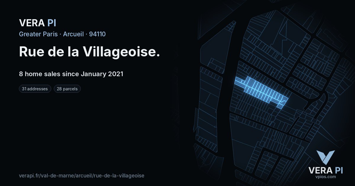Rue de la Villageoise, Arcueil at night – every parcel coloured by the prices around it, the street's own parcels lit