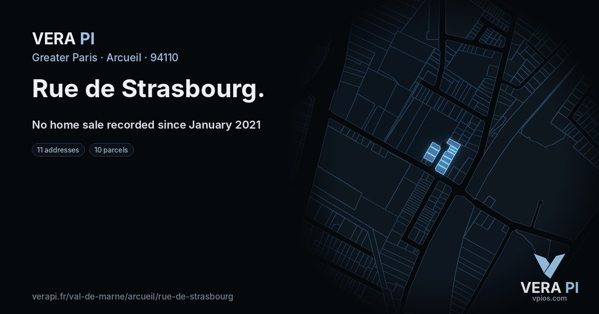 Rue de Strasbourg, Arcueil at night – every parcel coloured by the prices around it, the street's own parcels lit