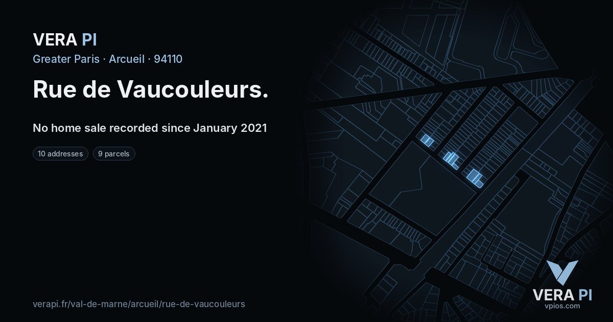 Rue de Vaucouleurs, Arcueil at night – every parcel coloured by the prices around it, the street's own parcels lit
