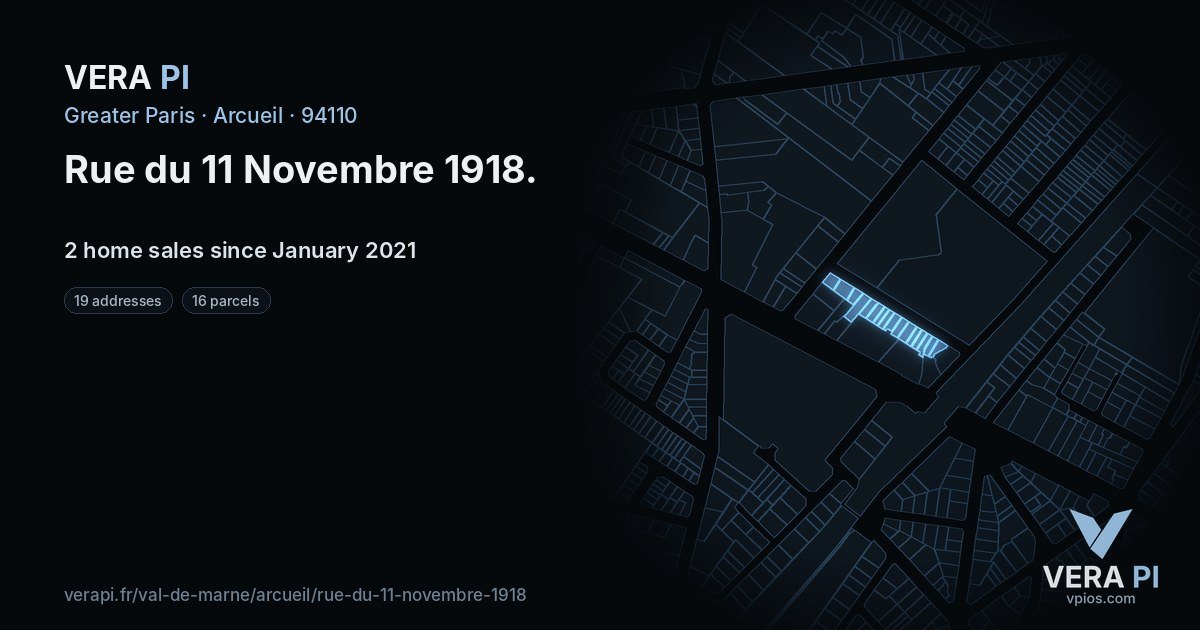 Rue du 11 Novembre 1918, Arcueil at night – every parcel coloured by the prices around it, the street's own parcels lit