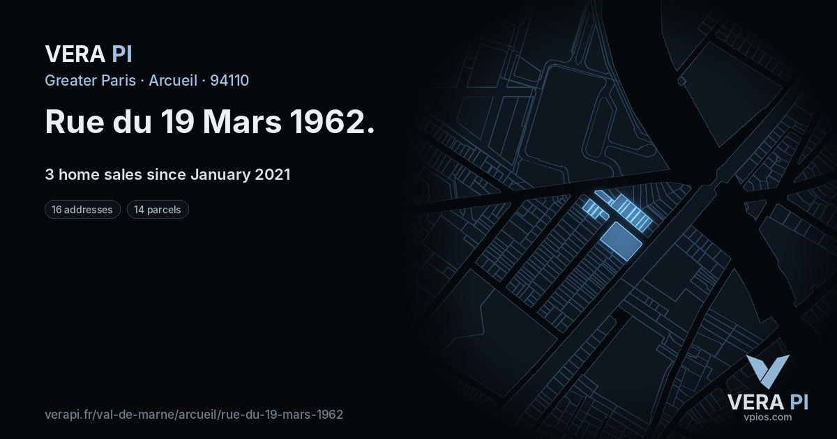 Rue du 19 Mars 1962, Arcueil at night – every parcel coloured by the prices around it, the street's own parcels lit