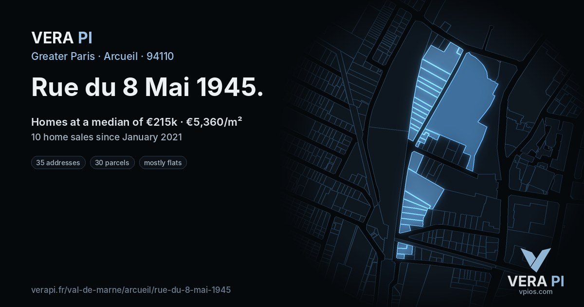 Rue du 8 Mai 1945, Arcueil at night – every parcel coloured by the prices around it, the street's own parcels lit