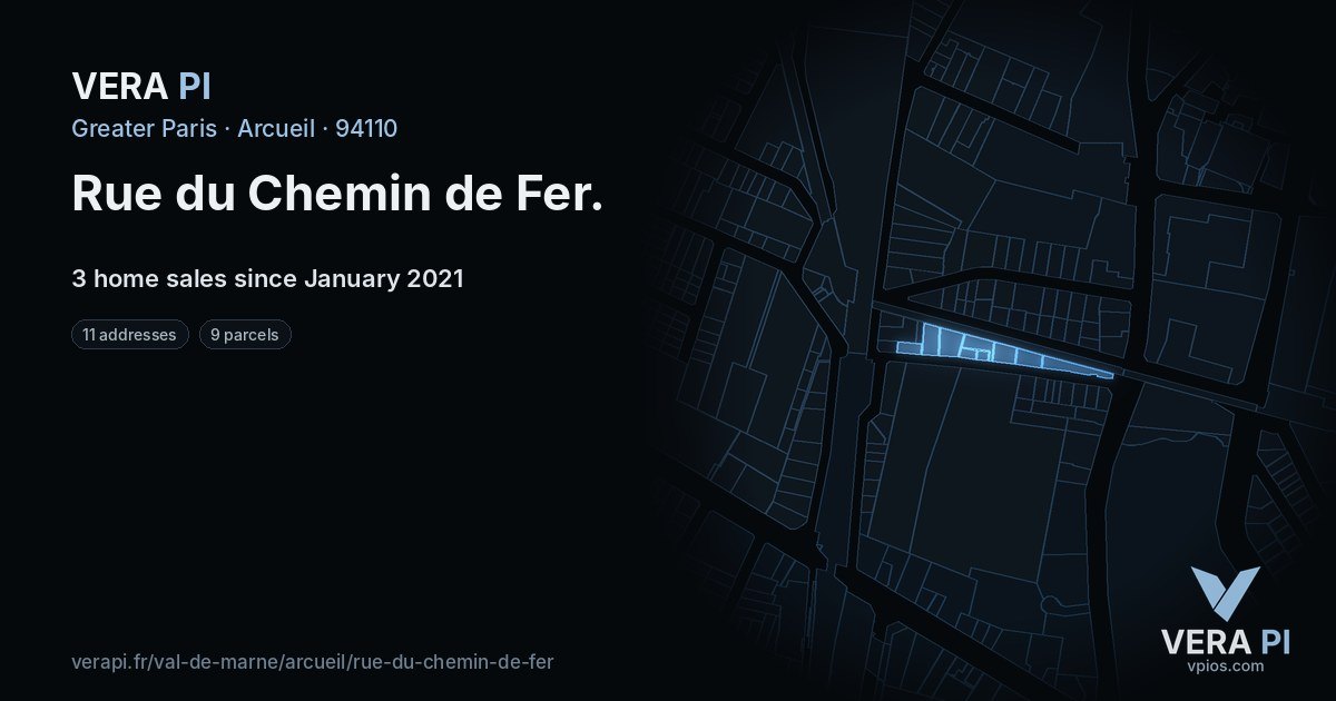 Rue du Chemin de Fer, Arcueil at night – every parcel coloured by the prices around it, the street's own parcels lit