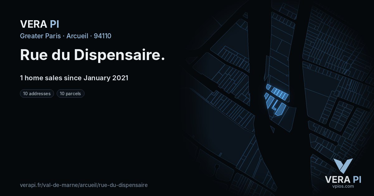 Rue du Dispensaire, Arcueil at night – every parcel coloured by the prices around it, the street's own parcels lit